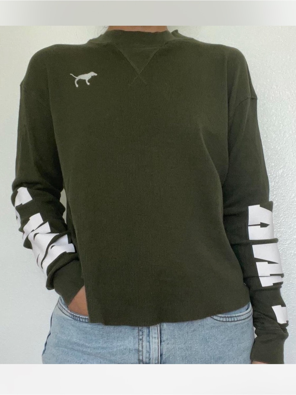 PINK Victoria’s Secret Olive Green Waffle Knit Cropped Logo Top XS